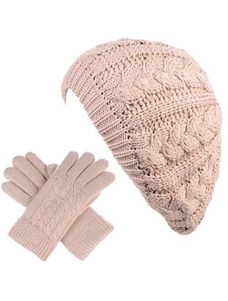 BYOS Womens Winter Cozy Cable Fleece Lined Knit Beret Beanie Hat (Set Available)