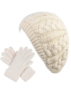 BYOS Womens Winter Cozy Cable Fleece Lined Knit Beret Beanie Hat (Set Available)