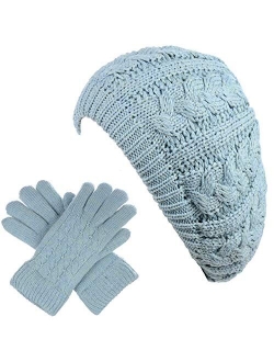 BYOS Womens Winter Cozy Cable Fleece Lined Knit Beret Beanie Hat (Set Available)