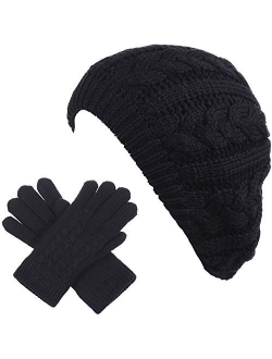 BYOS Womens Winter Cozy Cable Fleece Lined Knit Beret Beanie Hat (Set Available)