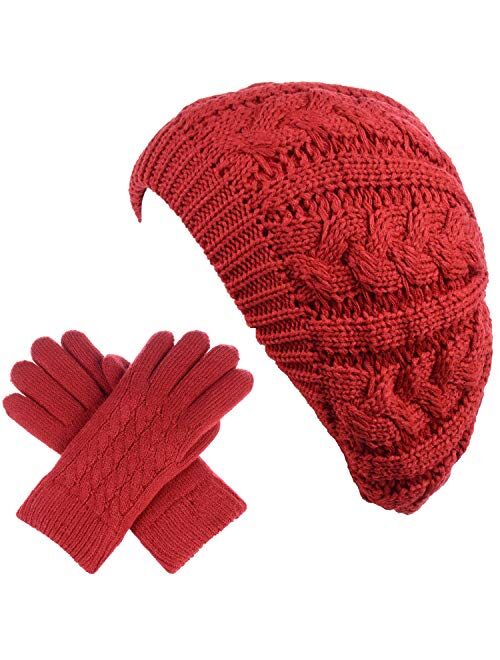 BYOS Womens Winter Cozy Cable Fleece Lined Knit Beret Beanie Hat (Set Available)