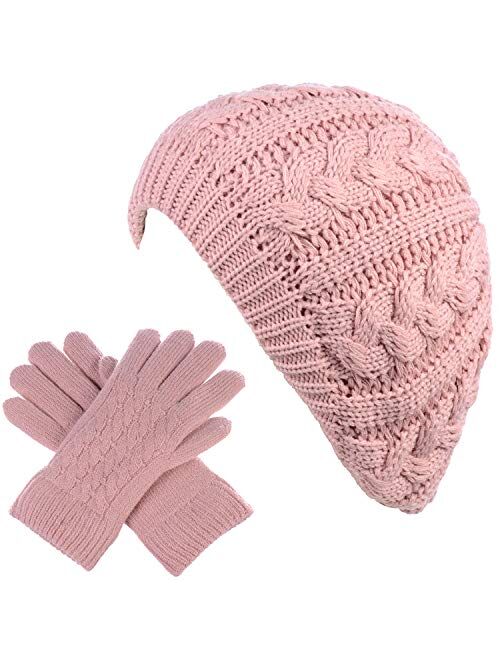 BYOS Womens Winter Cozy Cable Fleece Lined Knit Beret Beanie Hat (Set Available)