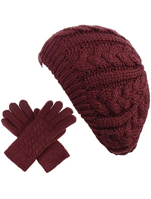 BYOS Womens Winter Cozy Cable Fleece Lined Knit Beret Beanie Hat (Set Available)