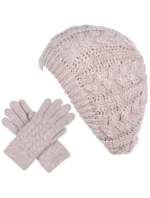 BYOS Womens Winter Cozy Cable Fleece Lined Knit Beret Beanie Hat (Set Available)