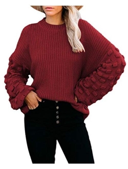 Sovoyontee Women's Cute Oversized Crewneck Loose Puff Sleeves Chunky Knit Pullover Sweater