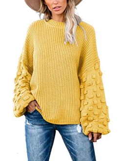 Sovoyontee Women's Cute Oversized Crewneck Loose Puff Sleeves Chunky Knit Pullover Sweater