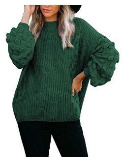 Sovoyontee Women's Cute Oversized Crewneck Loose Puff Sleeves Chunky Knit Pullover Sweater