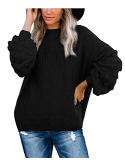 Sovoyontee Women's Cute Oversized Crewneck Loose Puff Sleeves Chunky Knit Pullover Sweater