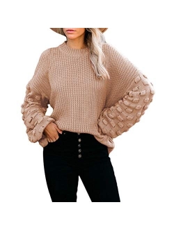 Sovoyontee Women's Cute Oversized Crewneck Loose Puff Sleeves Chunky Knit Pullover Sweater