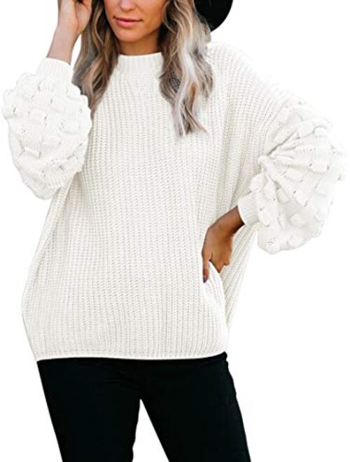 Sovoyontee Women's Cute Oversized Crewneck Loose Puff Sleeves Chunky Knit Pullover Sweater