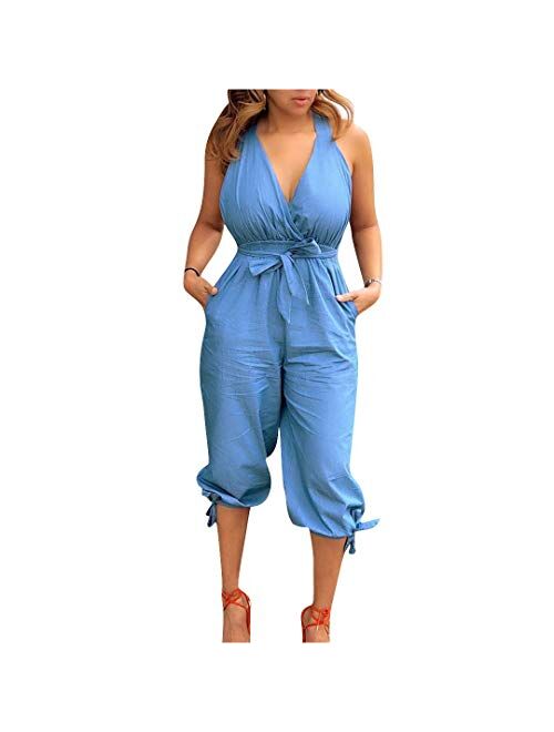 Womens Sexy Halter Backless V Neck Denim Jumpsuit Rompers Overalls S XXL