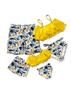 Herbeeza Family Matching Swimsuits, Two Piece Swimsuit High Waisted Off Shoulder Ruffled Printed Mommy and Me Bikini Set