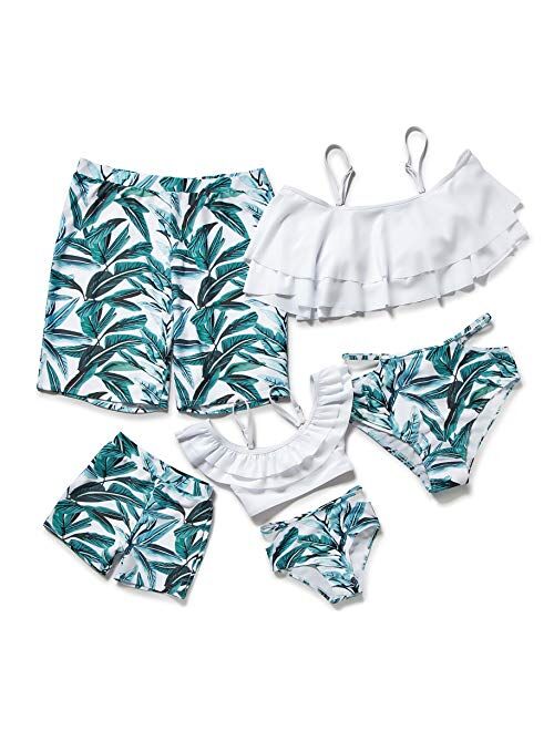 Herbeeza Family Matching Swimsuits, Two Piece Swimsuit High Waisted Off Shoulder Ruffled Printed Mommy and Me Bikini Set