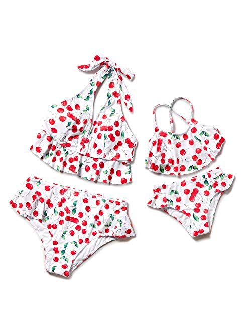 Herbeeza Family Matching Swimsuits, Two Piece Swimsuit High Waisted Off Shoulder Ruffled Printed Mommy and Me Bikini Set