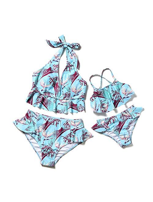 Herbeeza Family Matching Swimsuits, Two Piece Swimsuit High Waisted Off Shoulder Ruffled Printed Mommy and Me Bikini Set