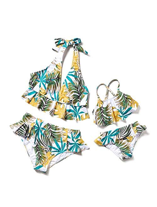 Herbeeza Family Matching Swimsuits, Two Piece Swimsuit High Waisted Off Shoulder Ruffled Printed Mommy and Me Bikini Set