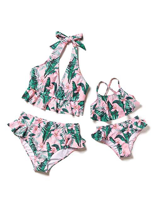 Herbeeza Family Matching Swimsuits, Two Piece Swimsuit High Waisted Off Shoulder Ruffled Printed Mommy and Me Bikini Set