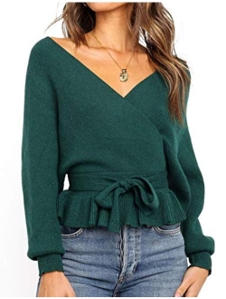 Women's Wrap V Neck Long Batwing Sleeve Belted Waist Ruffle Knitted Sweater Pullover Top