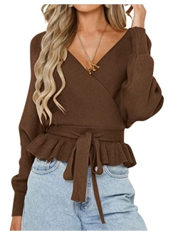 Women's Wrap V Neck Long Batwing Sleeve Belted Waist Ruffle Knitted Sweater Pullover Top