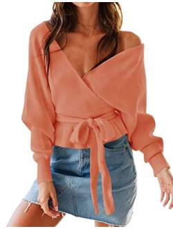 Women's Wrap V Neck Long Batwing Sleeve Belted Waist Ruffle Knitted Sweater Pullover Top