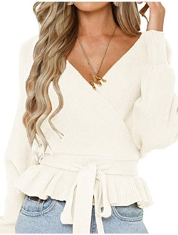 Women's Wrap V Neck Long Batwing Sleeve Belted Waist Ruffle Knitted Sweater Pullover Top