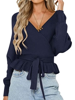 Women's Wrap V Neck Long Batwing Sleeve Belted Waist Ruffle Knitted Sweater Pullover Top