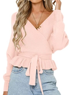 Women's Wrap V Neck Long Batwing Sleeve Belted Waist Ruffle Knitted Sweater Pullover Top