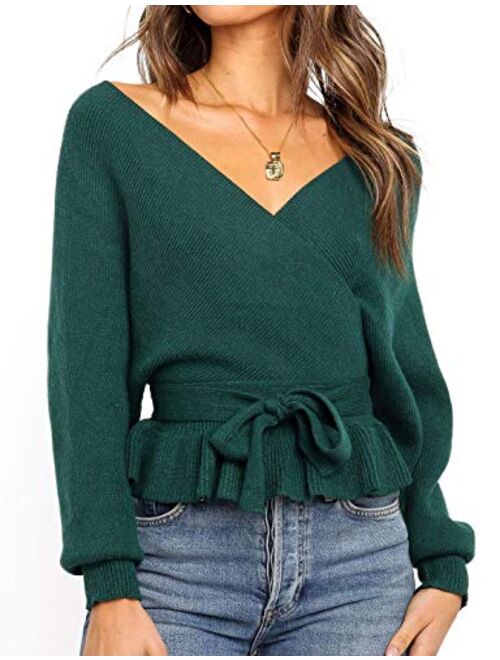 ZESICA Women's Wrap V Neck Long Batwing Sleeve Belted Waist Ruffle Knitted Sweater Pullover Top