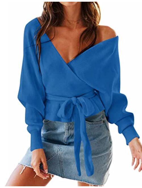 ZESICA Women's Wrap V Neck Long Batwing Sleeve Belted Waist Ruffle Knitted Sweater Pullover Top