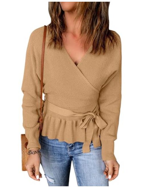 ZESICA Women's Wrap V Neck Long Batwing Sleeve Belted Waist Ruffle Knitted Sweater Pullover Top