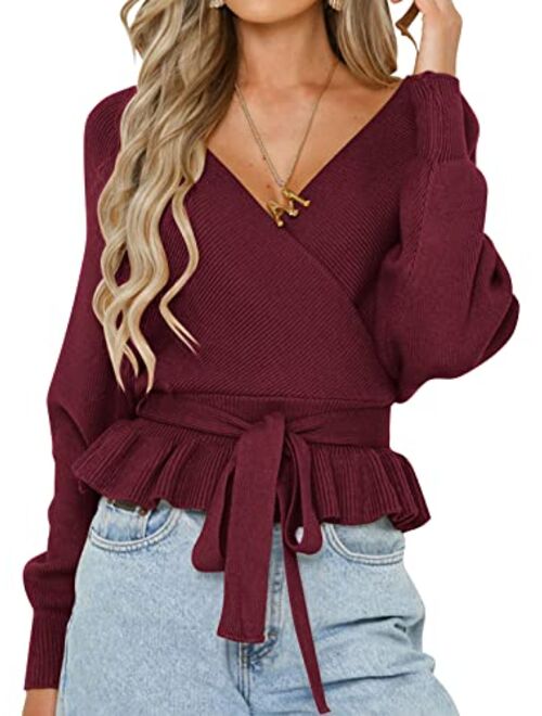 ZESICA Women's Wrap V Neck Long Batwing Sleeve Belted Waist Ruffle Knitted Sweater Pullover Top