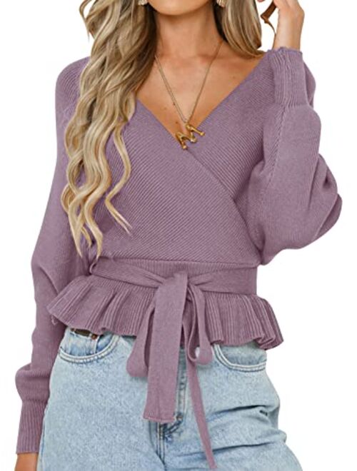 ZESICA Women's Wrap V Neck Long Batwing Sleeve Belted Waist Ruffle Knitted Sweater Pullover Top