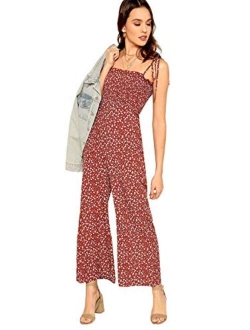 Women's Palm Leaf Print Shirred Back Button Cami Palazzo Jumpsuit