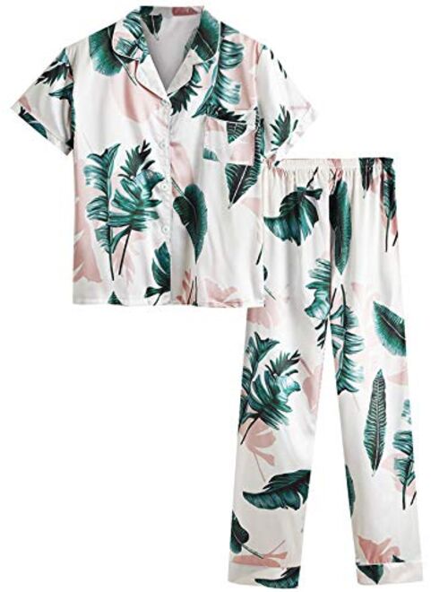 Floerns Women's Palm Leaf Print Shirred Back Button Cami Palazzo Jumpsuit