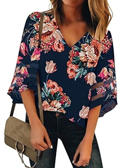 Utyful Women's Summer Casual V Neck Mesh Panel 3/4 Bell Sleeve Solid Loose Blouse Top