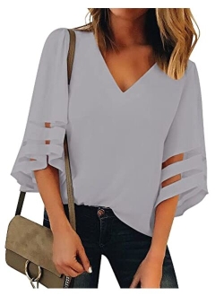 Utyful Women's Summer Casual V Neck Mesh Panel 3/4 Bell Sleeve Solid Loose Blouse Top