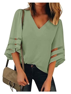 Utyful Women's Summer Casual V Neck Mesh Panel 3/4 Bell Sleeve Solid Loose Blouse Top