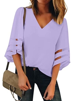 Utyful Women's Summer Casual V Neck Mesh Panel 3/4 Bell Sleeve Solid Loose Blouse Top