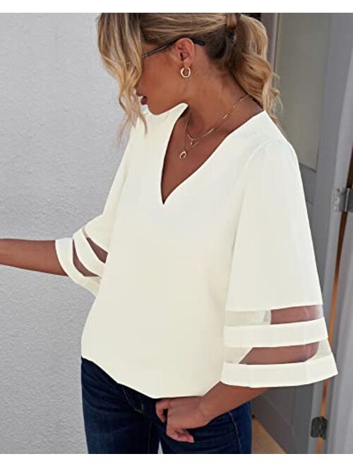 Utyful Women's Summer Casual V Neck Mesh Panel 3/4 Bell Sleeve Solid Loose Blouse Top