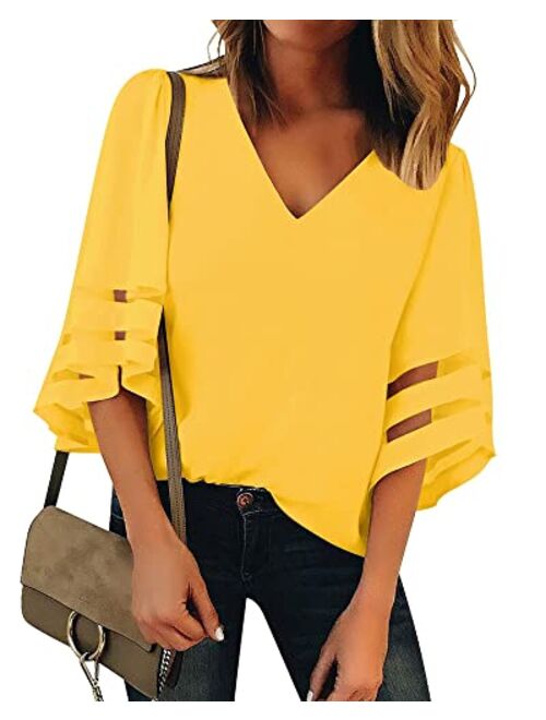 Utyful Women's Summer Casual V Neck Mesh Panel 3/4 Bell Sleeve Solid Loose Blouse Top