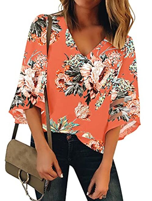 Utyful Women's Summer Casual V Neck Mesh Panel 3/4 Bell Sleeve Solid Loose Blouse Top