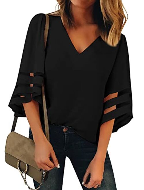 Utyful Women's Summer Casual V Neck Mesh Panel 3/4 Bell Sleeve Solid Loose Blouse Top