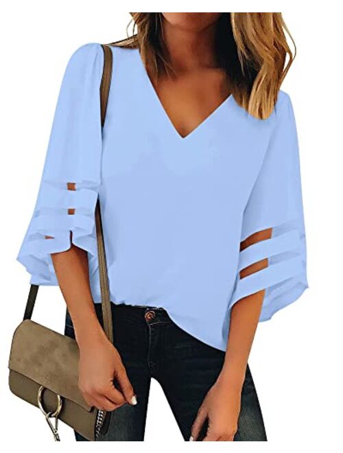 Utyful Women's Summer Casual V Neck Mesh Panel 3/4 Bell Sleeve Solid Loose Blouse Top