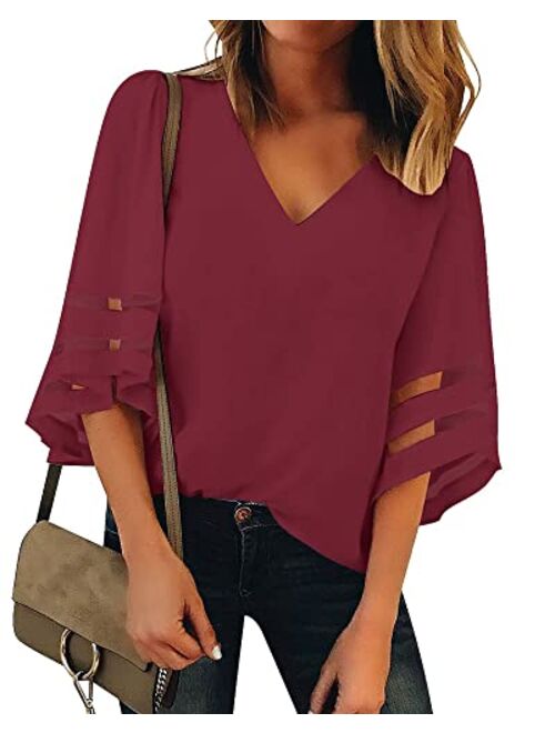 Utyful Women's Summer Casual V Neck Mesh Panel 3/4 Bell Sleeve Solid Loose Blouse Top