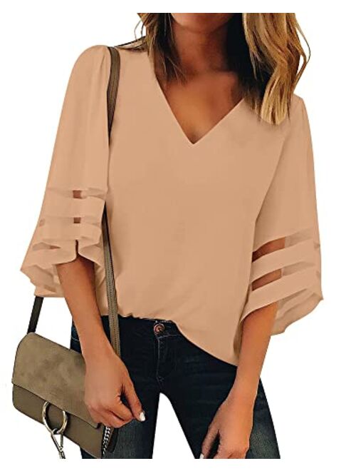 Utyful Women's Summer Casual V Neck Mesh Panel 3/4 Bell Sleeve Solid Loose Blouse Top