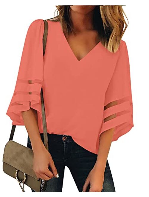 Utyful Women's Summer Casual V Neck Mesh Panel 3/4 Bell Sleeve Solid Loose Blouse Top