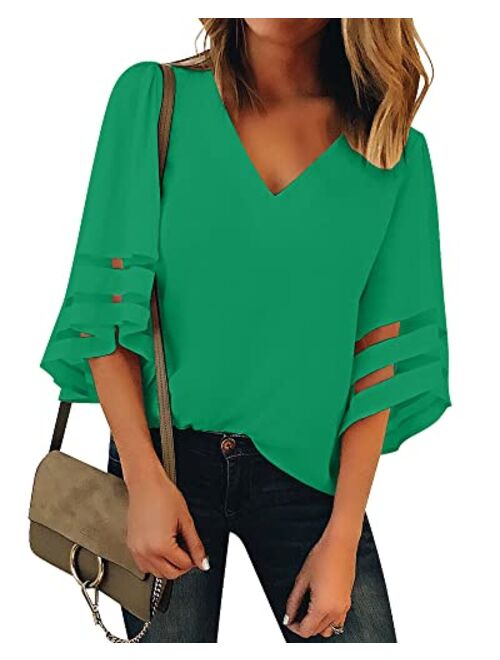 Utyful Women's Summer Casual V Neck Mesh Panel 3/4 Bell Sleeve Solid Loose Blouse Top