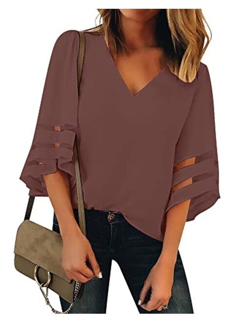 Utyful Women's Summer Casual V Neck Mesh Panel 3/4 Bell Sleeve Solid Loose Blouse Top