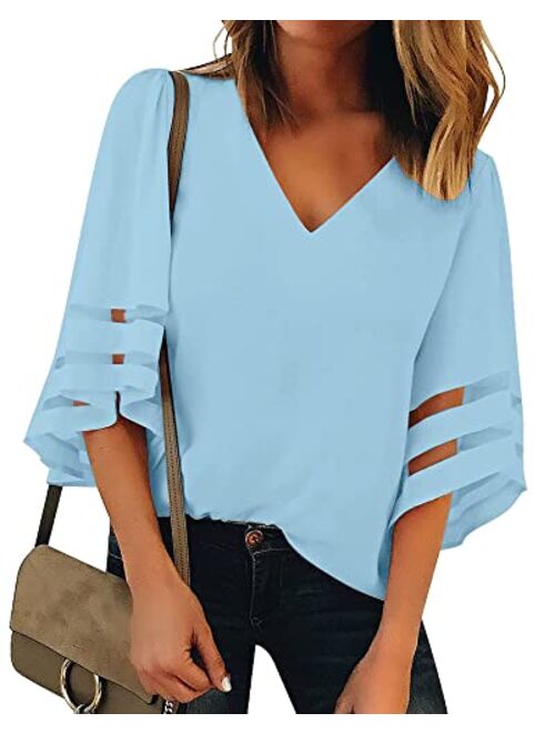 Utyful Women's Summer Casual V Neck Mesh Panel 3/4 Bell Sleeve Solid Loose Blouse Top