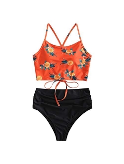 Sunflower Bikini Set Padded Lace Up Ruched Tankini High Waisted Bathing Suit